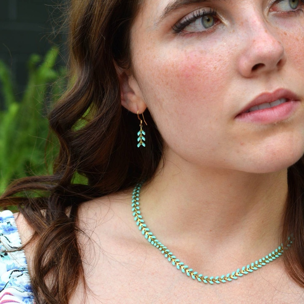 New USA made enamel turquoise leaf necklace bracelet earring set Western boho